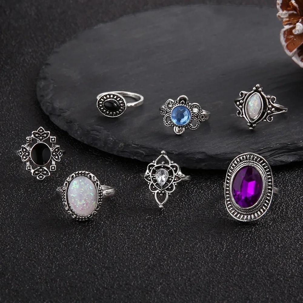*BAYLIN* 7-Pc Silver x Purple Fashion Ring Set